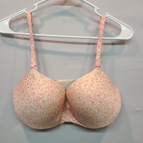 Victoria's Secret Other - Victoria's Secret Bra 36D Lined Demi Pink Tan Leopard Print Rhinestone Bling